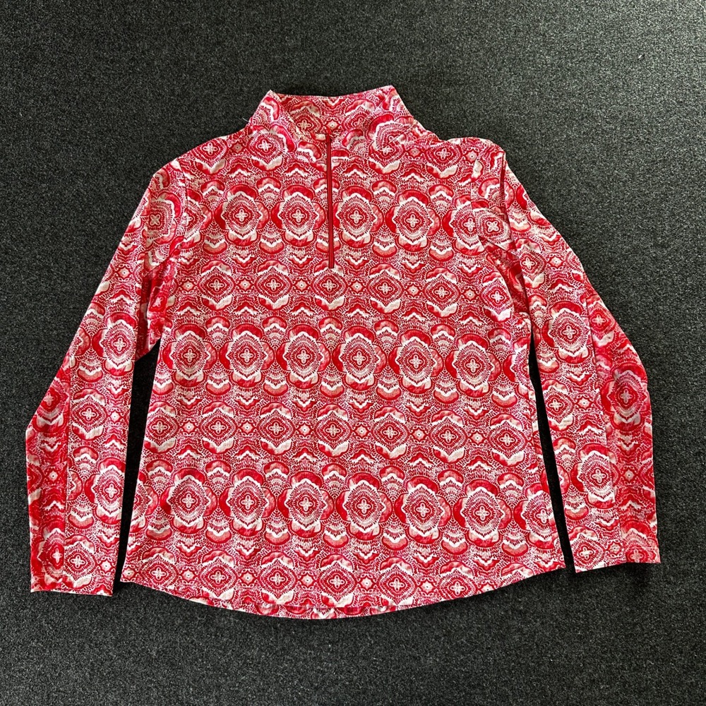IBKUL Womens XL Red White Medallion Print Quarter Zip Sun Shirt UPF 50+